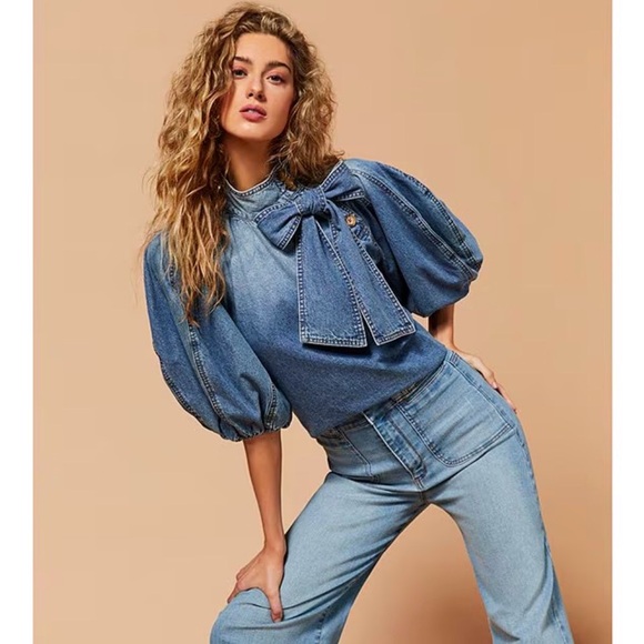 Women's Denim Bow Blouse - Picture 9 of 10